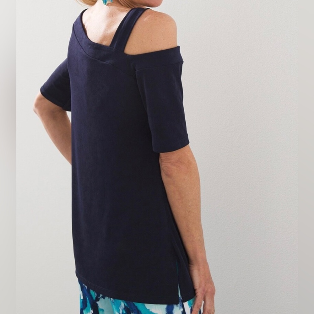 NWT Chico's Travelers Elbow Sleeve Off Shoulder Tunic Top Dark Blue Sz 3 (16/18) - Picture 13 of 15